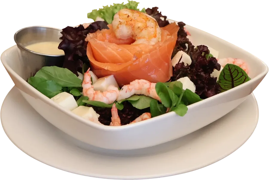 Ensalada Mix con Camarón, Salmón Curado y Queso de Cabra
