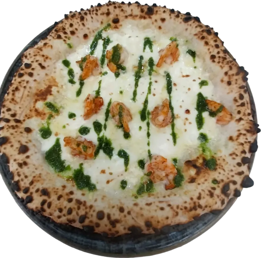 Pizza Formaggio & Gamberoni con pesto