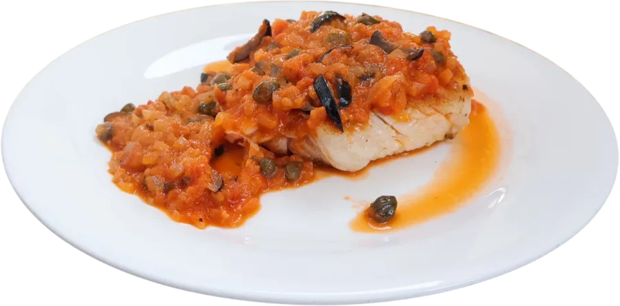 Merluza Austral con salsa Mediterránea 